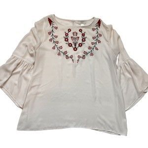 LOFT OUTLET Sz XL Ivory Floral Embroidered Peplum Top Puff/ Bell Sleeves Sheer